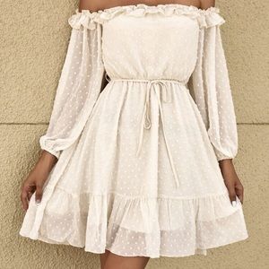 Swiss Dot Off Shoulder Ruffle Trim Dress